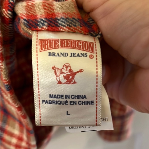 True Religion Red and Cream Plaid Casual Button Down Shirt Excellent Condition - Picture 5 of 12